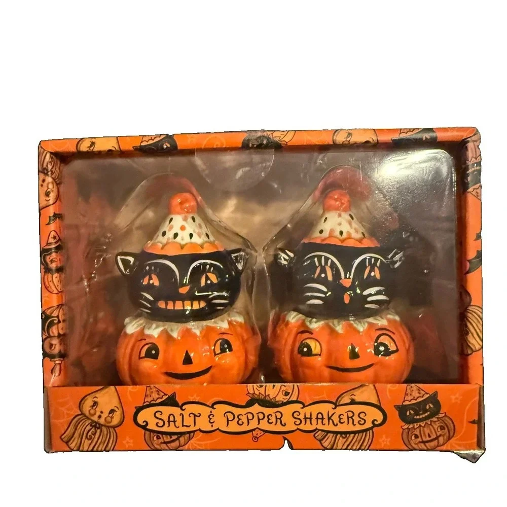 New Johanna Parker Halloween Salt & Pepper Shakers Black Cat Clown Pumpkin Set